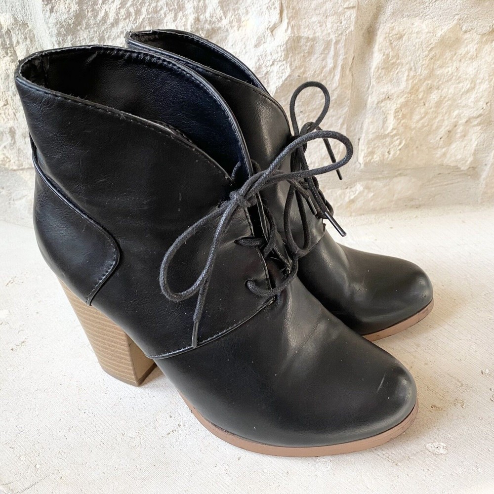 Anna Black Vegan Leather Stacked Heel Lace Up Ankle Booties Size 7.5‎